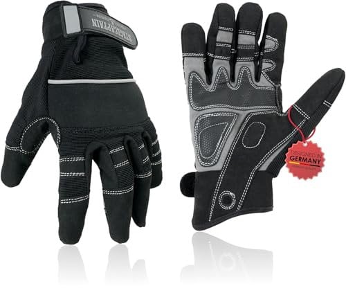Stagecaptain RGL-5F Rigger Handschuhe - Arbeitshandschuhe für Herren - Größe XL - lange Finger und Innenfläche aus Kunstleder - Aufgesetzte Verstärkungen - Schwarz/Grau