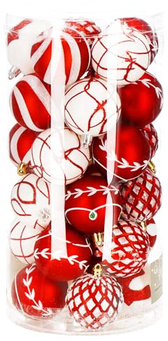 SPRINGOS Weihnachtsbaumkugeln aus Kunststoff 30-teiliges Weihnachtskugeln-Set Durchmesser 6 cm Rot-Weiße Dekoration für Weihnachten Party Hochzeit