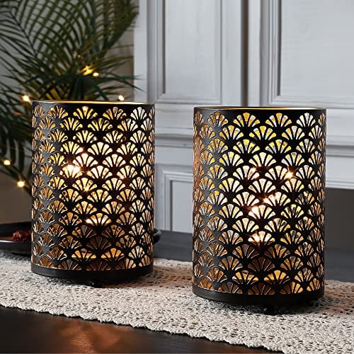 TRIROCKS 2 Stück Batteriebetriebene Lampe 16 cm Hoch Metall Kabellose Tischlampe Batterie Laternen mit Warmen Lichtern Birne für Hochzeit Bett Tisch Innen Draußen (Bronze Hohles Fächermuster)