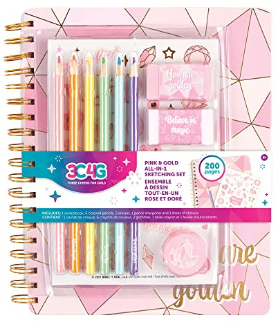 Make it Real 3C4G- Pink & Gold All-in-1 Sketchbook Set - Unlined Diary, Journal & Sketchbook for Kids - Includes Pencils, Stickers & More - Perfect Drawing Kit for Girls - Creative Kids Sketch Pad