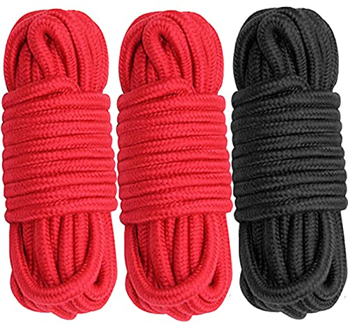 Cosymate weiches Baumwollseil Bindeseil Allzweck Dicke Baumwolle verdreht Knoten binden Seil, 8mm Durchmesser, 10m lang, Packung mit 3, 2 rot 1 schwarz