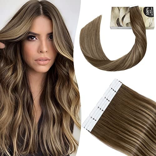 14 Inch SEGO Tape in Hair Extensions Real Human Hair 20PCS [#4T4P27 Chocolate Brown to Caramel Blonde] Remy Seamless Skin Weft Balayege Hairpieces Straight (40g)