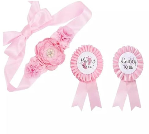 CoolerthingsDG, 3 Stück 2 Abzeichen und ein Gürtel, rosa, babyrosa Schärpe und Ansteckblume für werdende Papa – Babyparty-Schärpe für Babyparty, Schwangerschaftsschärpe, Babyparty, Blumen-Bauchgürtel
