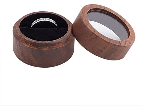 FINGERINSPIRE Walnuss Hölz Ring Box 5x3.6cm Rund Schmuck Ring Box mit klarem Fenster Kleine Spalte Ringe Box mit einem Slots Schwarzer Samt für Vorschlag Verlobung Geburtstag Hochzeit Zeremonie