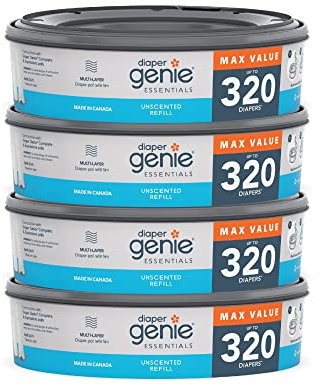 Diaper Genie Essentials Round Refill Pack of 4 | Holds Up to 1280 Newborn Diapers | Features Unscented Continuous Film | Compatible with Diaper Genie Complete and Expressions Pails