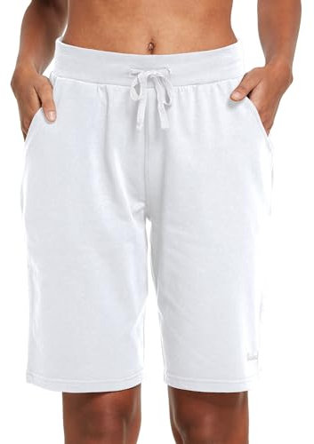 baleaf Damen Bermuda Shorts Baumwolle Sporthose Kurz Knielang Sweathose Sommerhose mit Taschen 10 Activewear Hosen Loose Casual Freizeit Weiß M