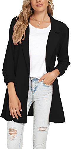 Unifizz Women's 3/4 Sleeve Casual Blazers Notched Collar Button Front Suit Business Work Office Long Blazer Jackets #Black - Size XL#