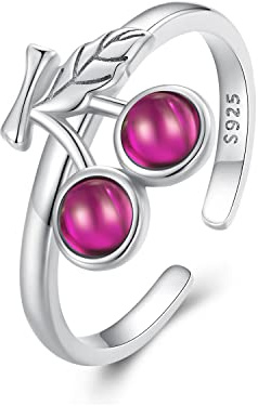NewL Damen-Ring, Retro-Stil, Kirsche, platiniert, rot, stapelbar, verstellbar, Sterling Silber