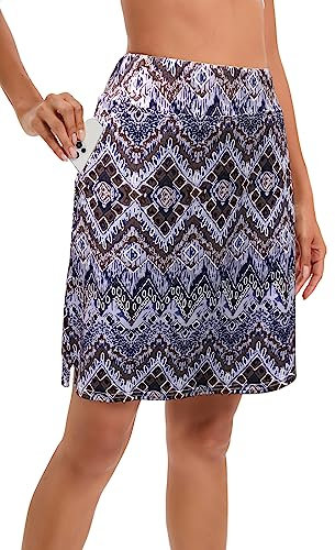 Timuspo Damen Activewear Wanderröcke mit Innenhose Drunter, knielange Hosenrock mit Tasche für Sport, Golf, Radfahren,Blaues Muster Mischen,L