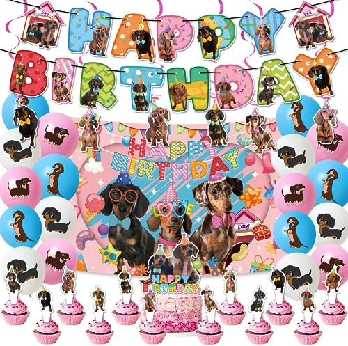 Dackel Geburtstag Party Dekorationen Set - Banner, Spiralen, Kuchen Topper, Cupcake Toppers, Ballons, Hintergrund für Feier