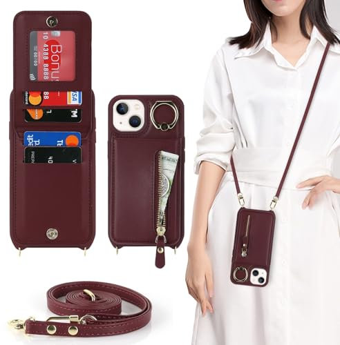 Zouzt for iPhone 13/14 Case with Cord and Card Holde, Zipper Wallet Case with Crossbody Lanyard Ring Adjustable Necklace Protective Cover Women for iPhone 13/14 6.1 Inch - Burgundy
