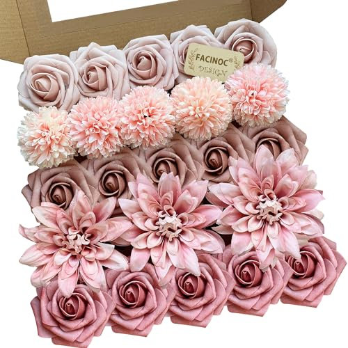 FACINOC Rosen Künstliche Blumen, Altrosa, künstliche Blumen, Kombi-Box für DIY-Hochzeitssträuße, Brautsträuße, Babyparty, Tafeldekoration, Seide, künstliche Blumenarrangements für Party,