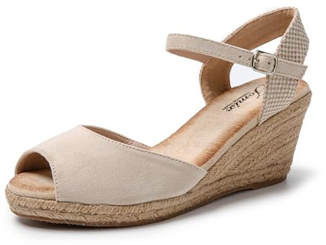 JOMIX Damen Klassische Sandaletten Keilabsatze Sandalen Sommer Badelatschen Leicht Outdoorsandale (Beige, 39 EU, SD9371)
