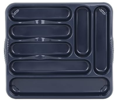 TENLITE High Grade Plastic 7 COMPARTMENT Large Cutlery Tray Kitchen Drawer Organiser Trays, Compact Plastic Tray for Knives, Forks and Spoons (42.00 x 37.00 x 5.00 cm) - (Navy, Large Cutlery Tray)