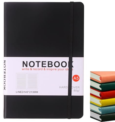 KISUOMAOYI A5 Notebook with Lined Pages, Pen Loop and Expandable Paper Pocket Hardback Journal Notepad Note Book New Notes Diary Pad(Black