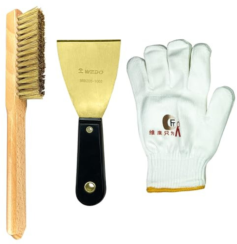 WEDO 3-teiliges Spachtel Set,Messing Malerspachtel mit Kunststoffgriff,75mm breit,Länge 200mm,Messing-Drahtbürste mit Holzgriff,Länge 290mm,Handschuhe,Palettenmesser Kratzer zum Entfernen