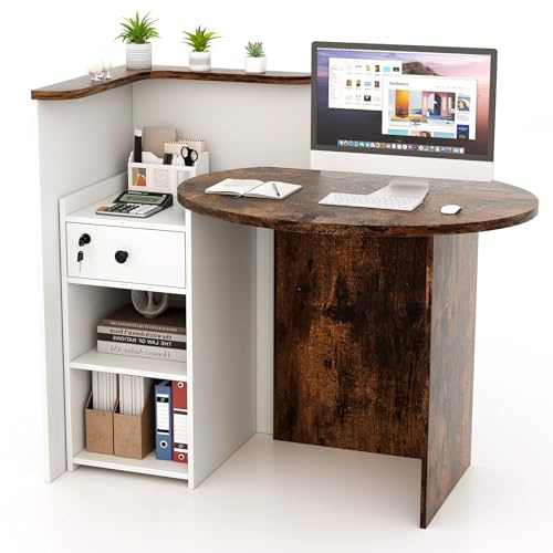 SILKYDRY Reception Desk, Small Retail Checkout Counter with Lockable Drawer and Open Shelves, Wooden Computer Workstation for Home Office Lobby, White Oval Desktop & Brown Counter