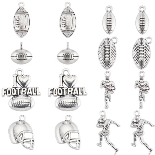 SUNNYCLUE 1 Box 64 Stück Fußball Charms Große Menge American Football Sport Charm 3D Rugby Ball Perle Tibetischer Stil Antik Silber „I Love Football“ Charm Fußballspieler Sport Charms Für Die Schmuckh