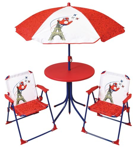 Fun House 713592 Olympische Spiele Paris 2024 Gartenmöbel, für Kinder, mit einem Tisch, H 46 x Ø 46 cm, Zwei Stühle, H 53 x B 38,5 x T 37,5 cm und einem Sonnenschirm, H 125 x Ø 100 cm