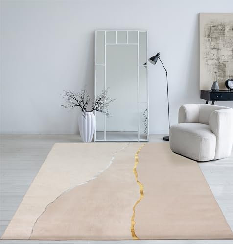 Mia's Teppiche Cielo Moderner Dichter Kurzflor Teppich, Wohnzimmer, Schlafzimmer, Eleganter Glanz, Glanzfaser, Hoch-Tief Effekt, Feder, Creme, 200 x 290 cm