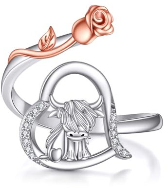 Highland Cow Open Ring Sterling Silber Kuh Rose Herz einstellbar Schmuck Tier Geschenk für Frauen Mädchen