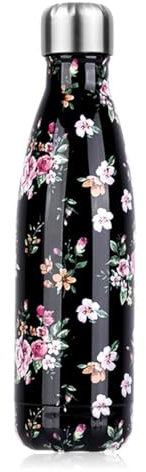 Bouteille d'eau Acier Inoxydable, Gourde Isotherme Réutilisable Gourde Inox sans BPA isolé à Bouteille Isotherme pour Froide Pendant 24heures, Chaude Pendant 12 Heures (Fleurs Noir, 500ml)