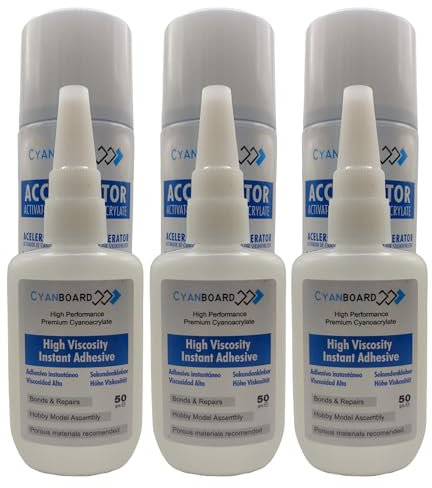 Cyanboard, Kit 3 X adhesivo de cianoacrilato de alta viscosidad (3 X 50grs) + 3 X Activador acelerador tapa poros (3 X 200ml). Adhesivo instantáneo para materiales porosos: madera, goma, cuero.