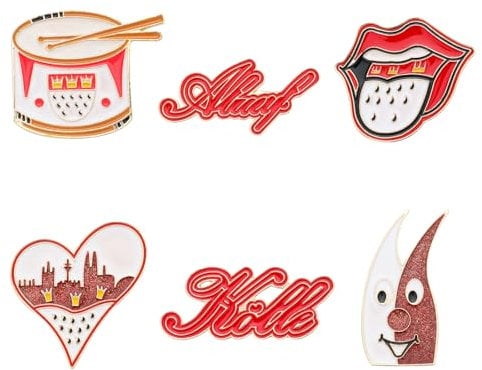 6 Stück karneval anstecker Rot Weiß Karneval Fasching Anstecker Pin Köln Hippie Herz Alaaf Anstecker Karneval Für Motto Party，Kinder & Erwachsene