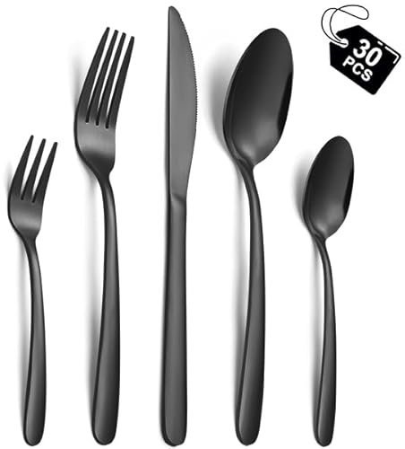 Hunnycook Besteck Set 6 personen, 30 Stück Besteck Schwarz Edelstahl, Schwarzes Besteck mit Gabeln, Löffel und Tafelmesser, geeignet für Haushalt/Restaurant/Party, Spülmaschinenfest