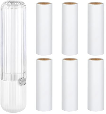 Prasacco 7 Rollen Fusselrolle mit 1 Weiß Abroller und 1 Staubschutz, 13,6 x 3,2 cm Tragbare Haarentferner aus Kunststoff Extra Klebrige Lint Roller für Kleidung Sofas Betten Teppiche (30 Blatt/Rollen)