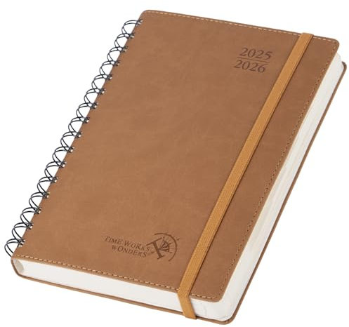POPRUN Tagesplaner 2025 2026 A5 Ringbuch 21,5 x 14,5 cm (Aug.2025-Jul.2026), Tageskalender 1 Tag 1 Seite (Montag - Sonntag) mit Softcover, PU-Leder, Monatliche Registerkarten - Braun