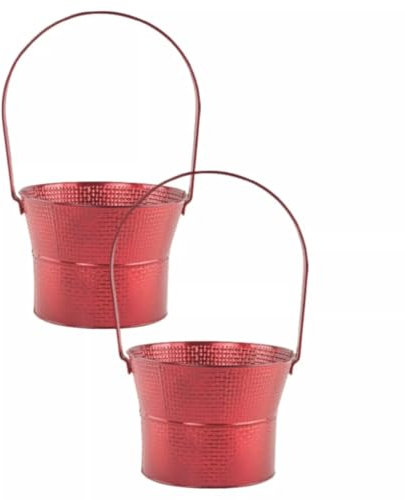 Fyne-Finds Set of 2 Christmas Red Galvanised Plant Pot Tin Metal Red Posy Xmas Planter Festive Bucket