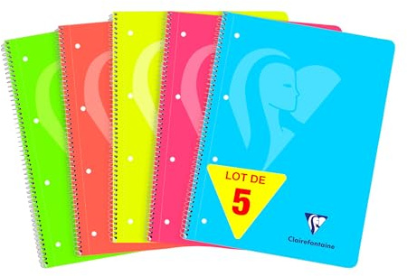 Clairefontaine 598723Cpack - Mimesys NEON cahier spiralé polypro 22,5x29,5cm 240p Q.5x5 cadré perfo. 4 trous 5 couleurs de bandes couleurs FLUO assorties - PAQ DE 5