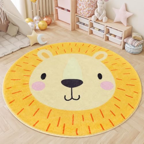 AIMECO Kinderteppich Rund 100cm | Löwe Motiv Gelb | Weicher Kaschmir-Look | rutschfest & Pflegeleicht | Spielteppich für Kinderzimmer, Mädchen Schlafzimmer & Wohnzimmer Deko