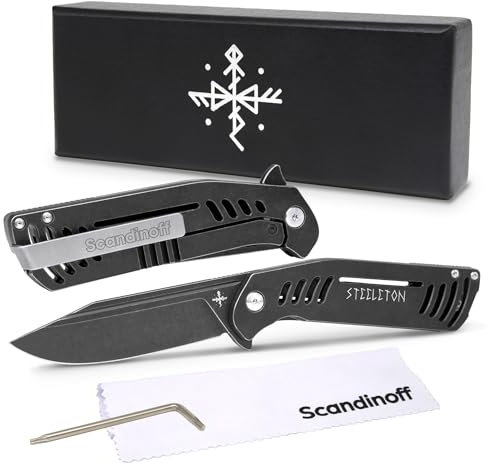Scandinoff STEELETON Klappmesser | Taschenmesser | 95mm Klinge | aus TITAN und SANDVIK STAHL | Einhandmesser | Outdoor, Jagd, Selbstverteidigung | Hochwertiges Militärmesser | Ergonomischem Griff|Dark