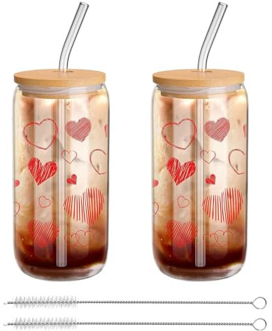Cosmeria Glass Set with Lid and Straw, 2 x 480 ml Drinking Glasses with Straw and lid, Eco-Friendly Boba Cup for Cold Drinks, Aesthetic Items