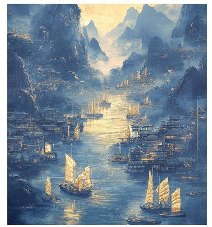 Blue Golden Chinese Retro Landscape Magnetic Dishwasher Cover Reusable Fridge Wraps Front Panel Magnetic Christmas Decoration 58x66cm