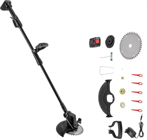 Tagliaerba con batteria, 21 V, con batterie agli ioni di litio da 1500 mAh e caricabatterie, tagliaerba elettrico con 1 lama in acciaio inox e 5 lame in nylon, trimmer a batteria con testa regolabile