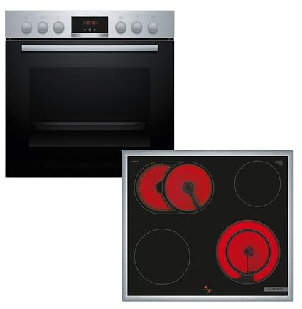 Bosch Einbauherd-Set HND411LR63, Serie 4 Einbau-Herd 60 cm mit 3D-Heißluft HEA513BR3, Serie 4 Elektro-Kochfeld 60 cm mit Rahmen, Herdgesteuert, Made in Germany, Bräterzone NKN645GA2E, Edelstahl