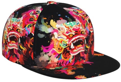 WZYWHJ Fashion Flat Brim Baseball Cap Double Lion Dance Picture Adjustable Breathable & Lightweight for Men & Women, Black, One Size, Schwarz, EinheitsgröÃŸe