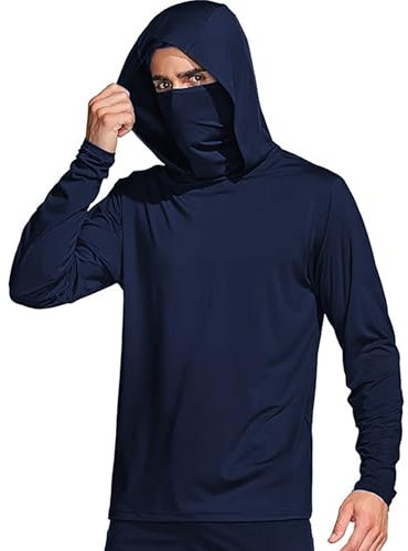 UV Schutz Hoodie Herren UPF 50+ T-Shirt Langarm Angelhemd Mit Maske UV Schutz Neck Gaiter Sun Hoodie UVshirt Mit Schlauchschal Männer Einfarbig Fishing Schutzkleidung (Navy, L)