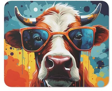 Tapis de Souris Vache Funky avec Lunettes Illustration Colorée Pop Art Accessoire Bureau ou Gaming Fun et Original