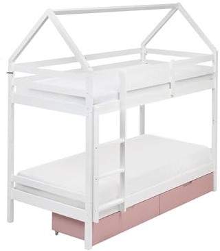 Beliani Bunk Bed 3' EU Single Pine Wood Frame Kids Bedroom Wooden House Frame With Pink Drawers White Ternas