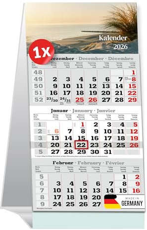 PRIMUS PRINT Tischaufstellkalender 2026-3 Monatskalender zum Aufstellen - Tischkalender, Schreibtischkalender, Stehkalender - 95x194mm, 70g Naturpapier, Inklusive Datumsschieber [Einzeln - Strand]