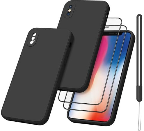 Case for iPhone X Phone Case/iPhone XS Cover (5.8 inch) with 2 HD Screen Protectors and Lanyard, Camera Protection Ultra Slim Case Anti-Scratch Shockproof Bumper Cover Black