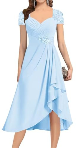 YIANN Light Blue Mother of The Bride Dresses for Wedding Party V Neck A Line Chiffon Tea Length Mother of Groom Dress UK14