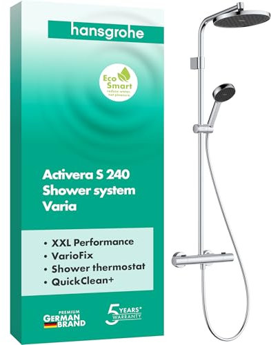 hansgrohe Activera S - wassersparendes Duschsystem (EcoSmart) mit Thermostat, Regendusche (240 mm) mit Armatur, Handbrause (2 Strahlarten), Schlauch, Brausestange und Kopfbrause, Chrom, 28078000
