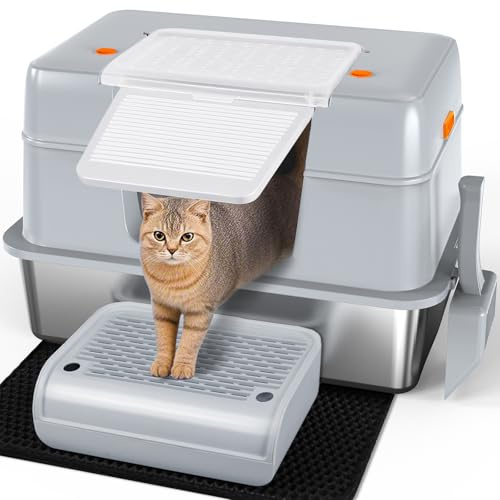 Vivifying Stainless Steel Cat Litter Tray with Scoop, Step and Mat (Grey) | High-Sided, Removable Metal Enclosed Stainless Steel Cat Litter Box with Lid