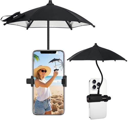 Fixed Clip-on Phone Umbrella for Sun with Flexible Adjustable Handle, Mini Strong Clip Cell Phone Umbrellas Sun Shade Anti Sunlight and Glare fits for Universal Smartphones