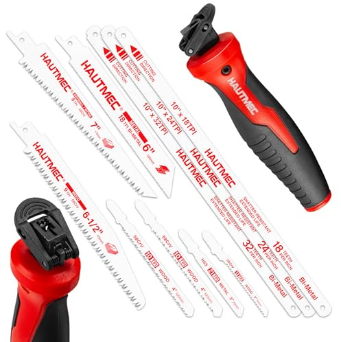 HAUTMEC 10-in-1 Multipurpose Hacksaw for Metal, Wood, Plastic & Drywall, Compact Hand Saw with Tool-Free Blade Change, Self-Locking Handle, Blade Storage Box & 10 Professional Saw Blades – HTHSH25032